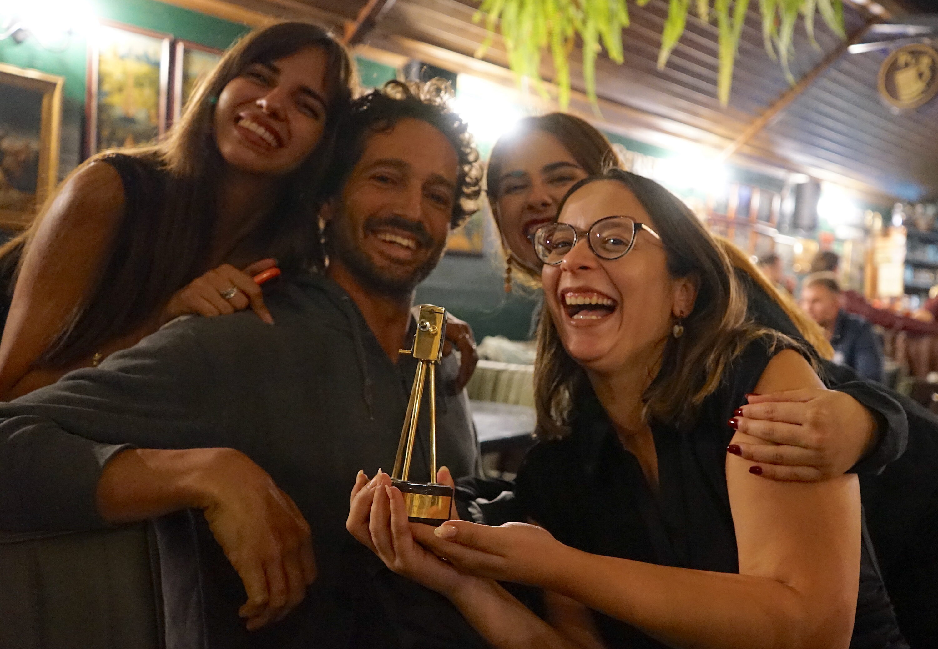 Julián Amaru Estrada, happy winner of the Small Golden Camera 300, with fans at wrap party. Credit: Lars Pettersson, FSF.